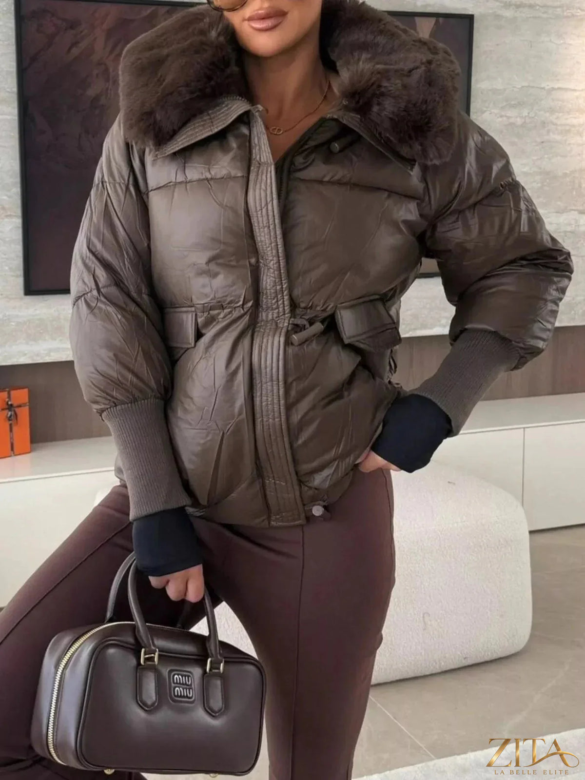Zita La Belle Elite padded puffer jacket with fur collar, black, stylish winter outerwear with quilted design and cozy fur trim.