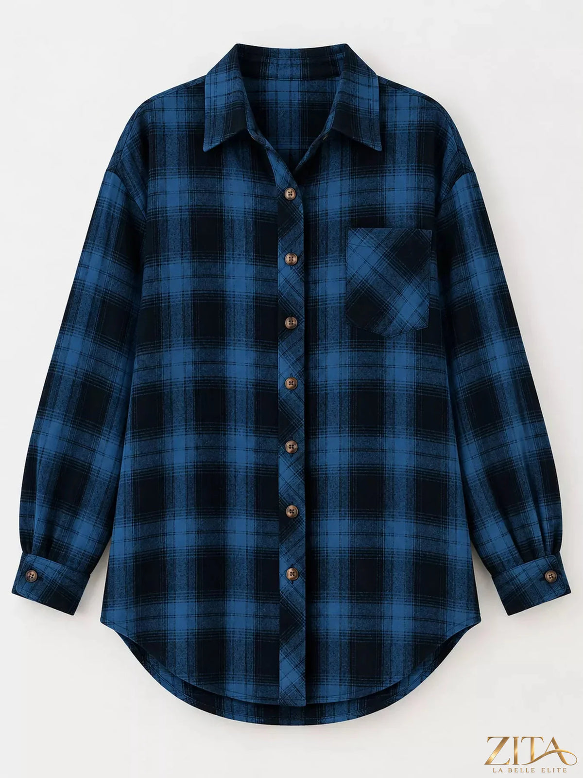 Zita La Belle Elite oversized plaid button-down shirt with a relaxed fit and classic check pattern, styled casually.