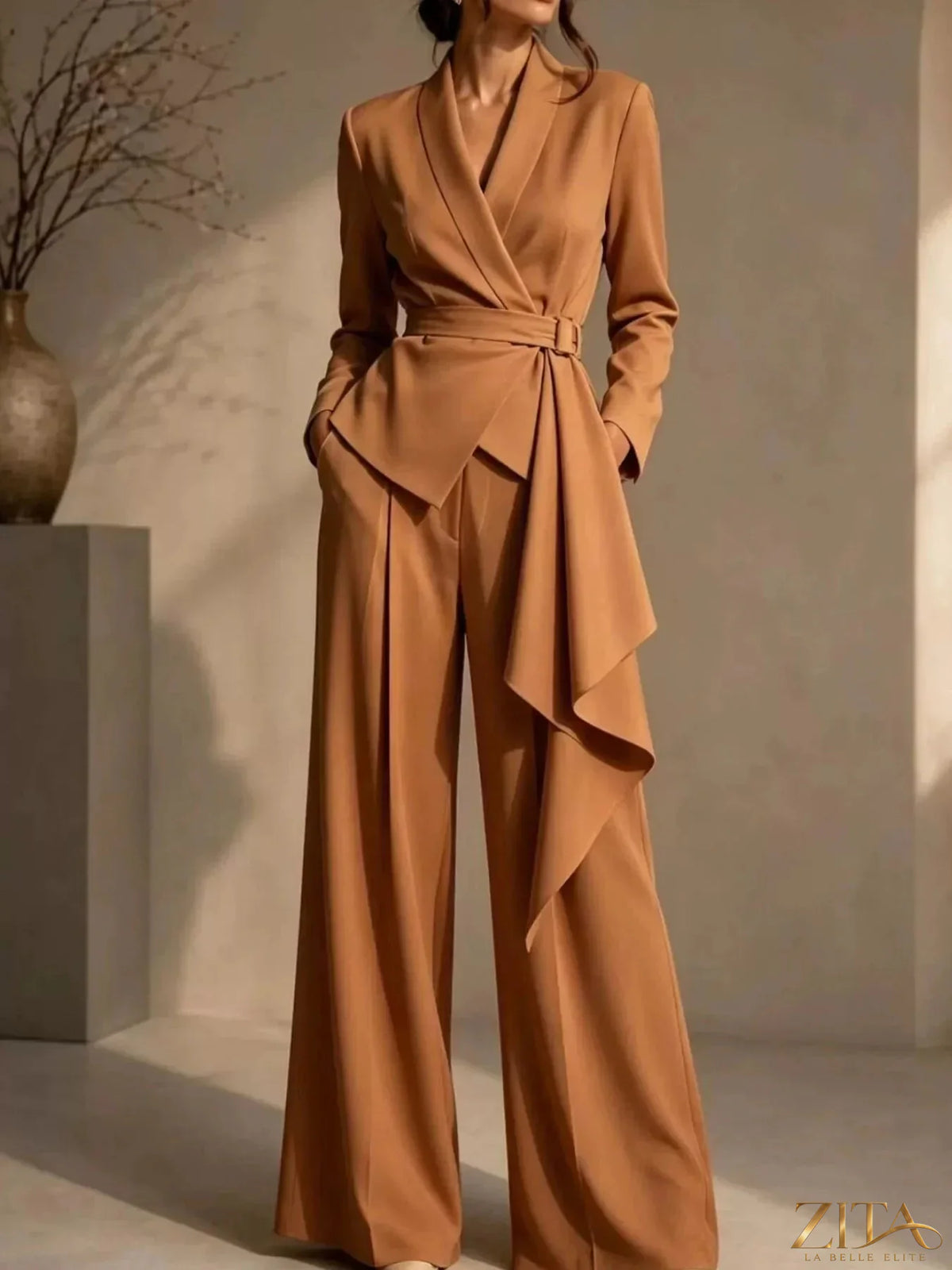 Plus size Zita La Belle Elite belted blazer and wide-leg pants set, featuring a tailored fit and stylish design.