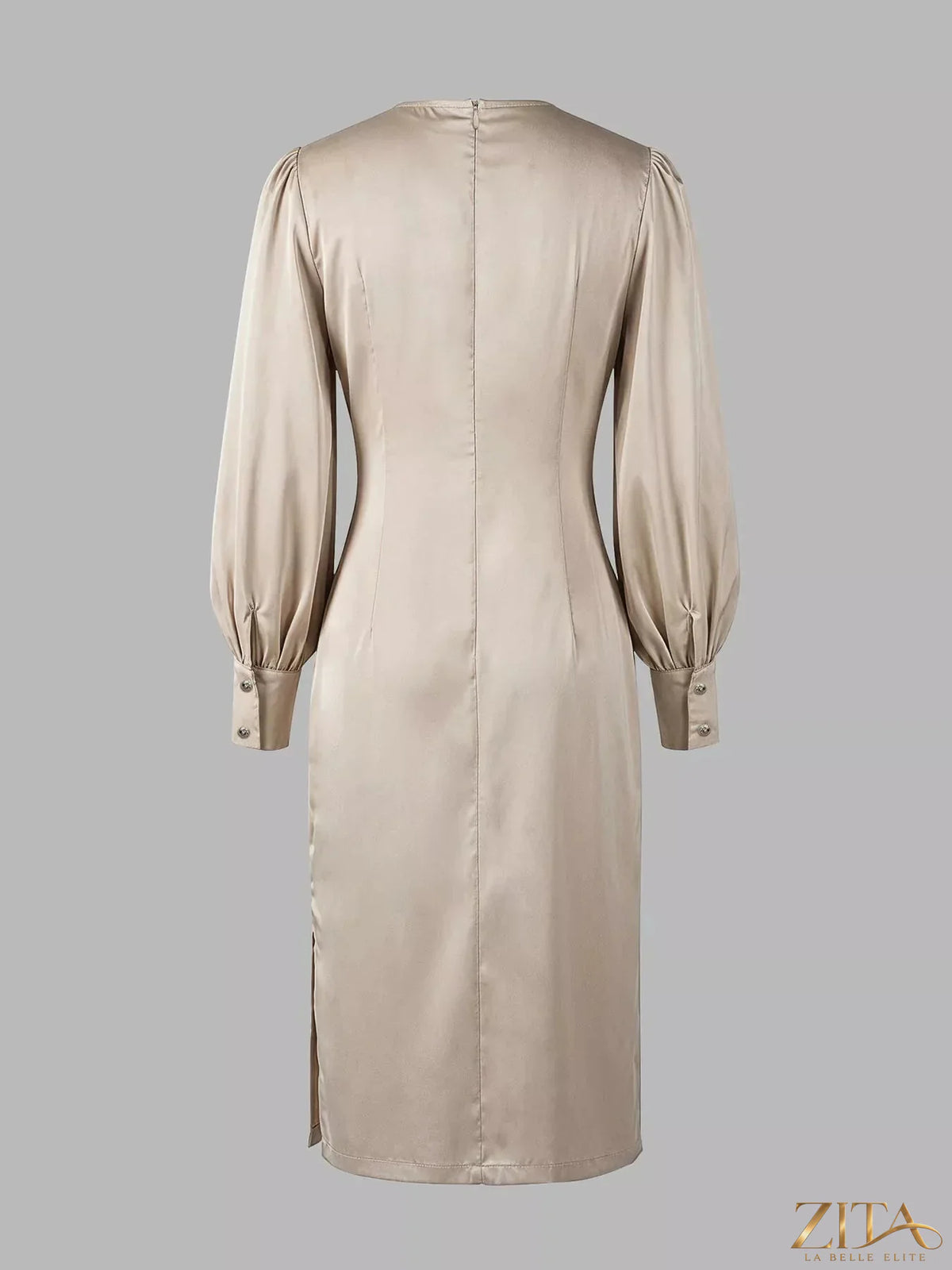 Long sleeve satin ruched midi dress by Zita La Belle Elite, featuring a fitted silhouette and elegant design.