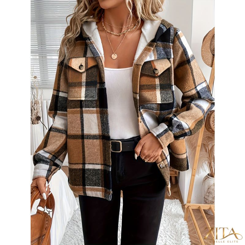 Women's plaid fleece-lined hooded jacket by Zita La Belle Elite, showing the cozy fleece interior and stylish plaid exterior.