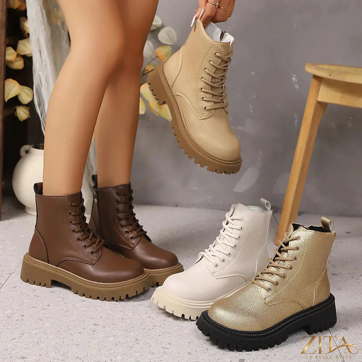 Zita La Belle Elite lace-up platform boots with chunky heels and stylish design, shown in a side view in the image.