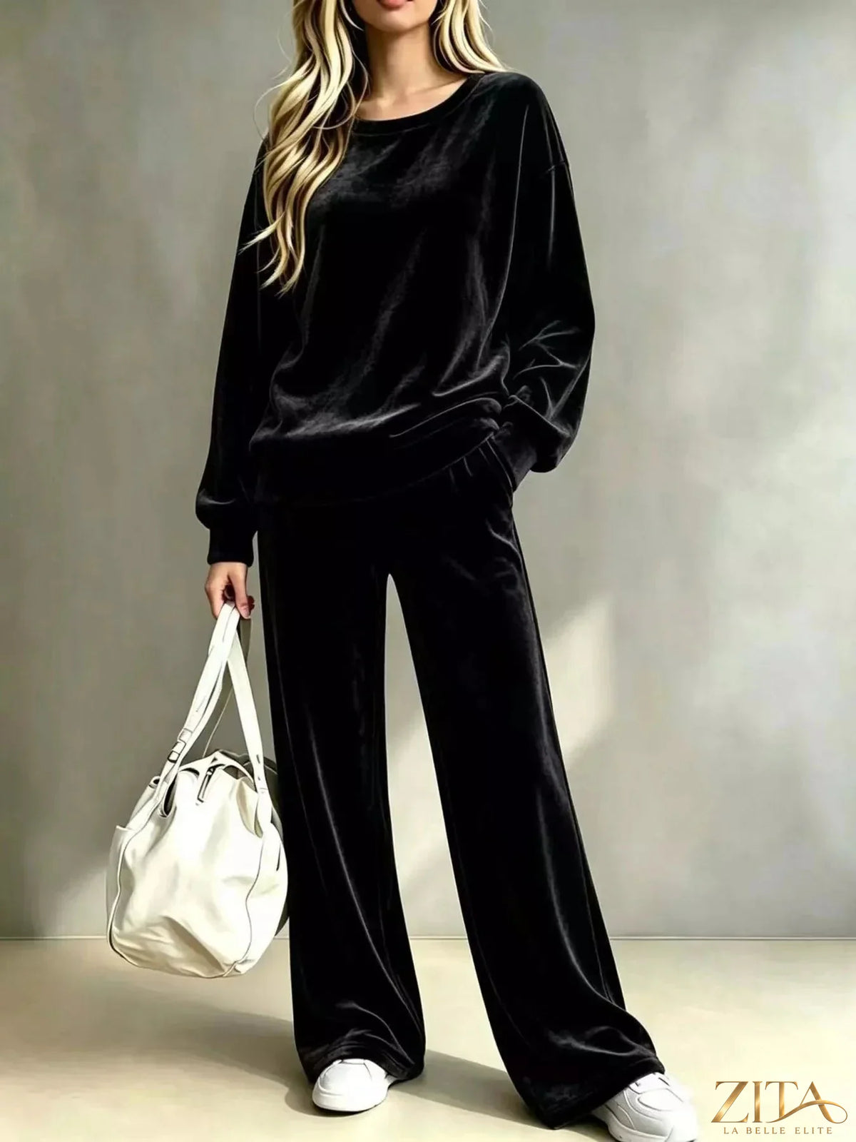 Plus size Zita La Belle Elite velvet dropped shoulder top and wide-leg pants set, featuring luxurious fabric and relaxed fit.