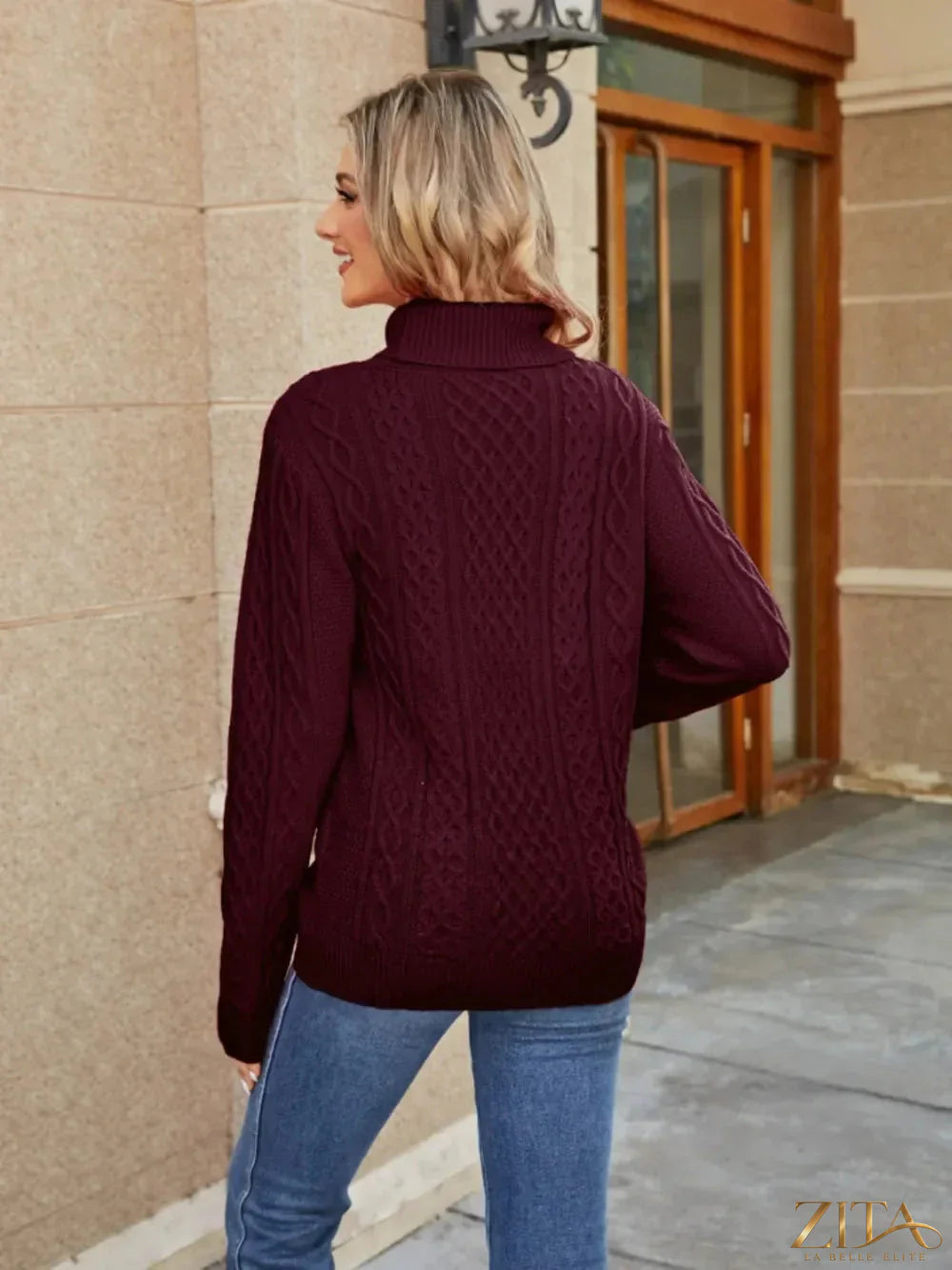 Zita La Belle Elite cable-knit mock neck sweater in a cozy, textured knit with a high neckline, shown in a close-up image.
