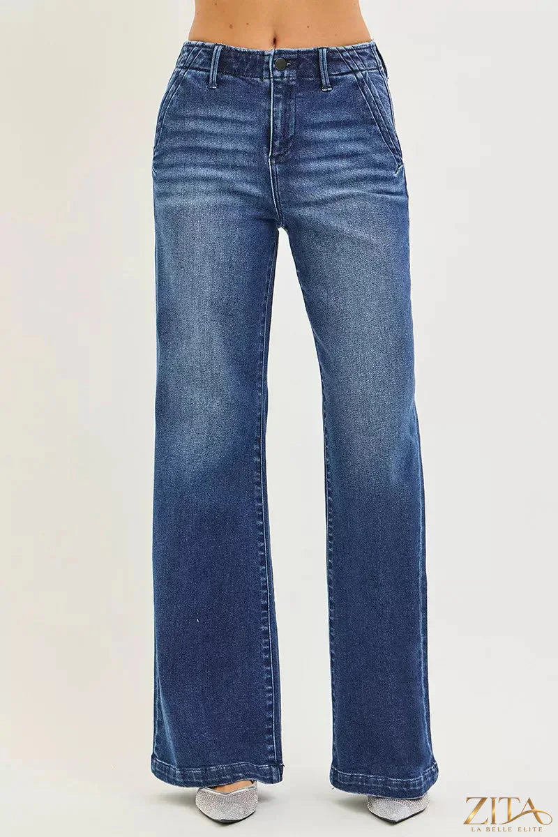 Zita La Belle Elite RISEN high-rise wide-leg jeans with slanted pockets, denim fabric, and relaxed fit.