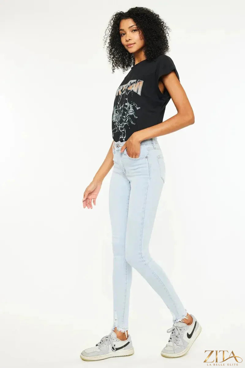 Zita La Belle Elite Kancan high-rise super skinny jeans in dark wash, close-up of fitted denim with front pockets and belt loops.