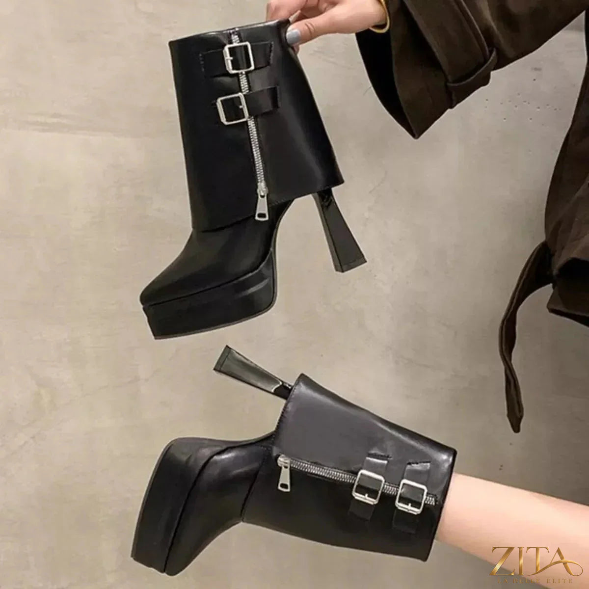 Zita La Belle Elite point toe block heel boots in black leather featuring sleek design and stylish ankle height.