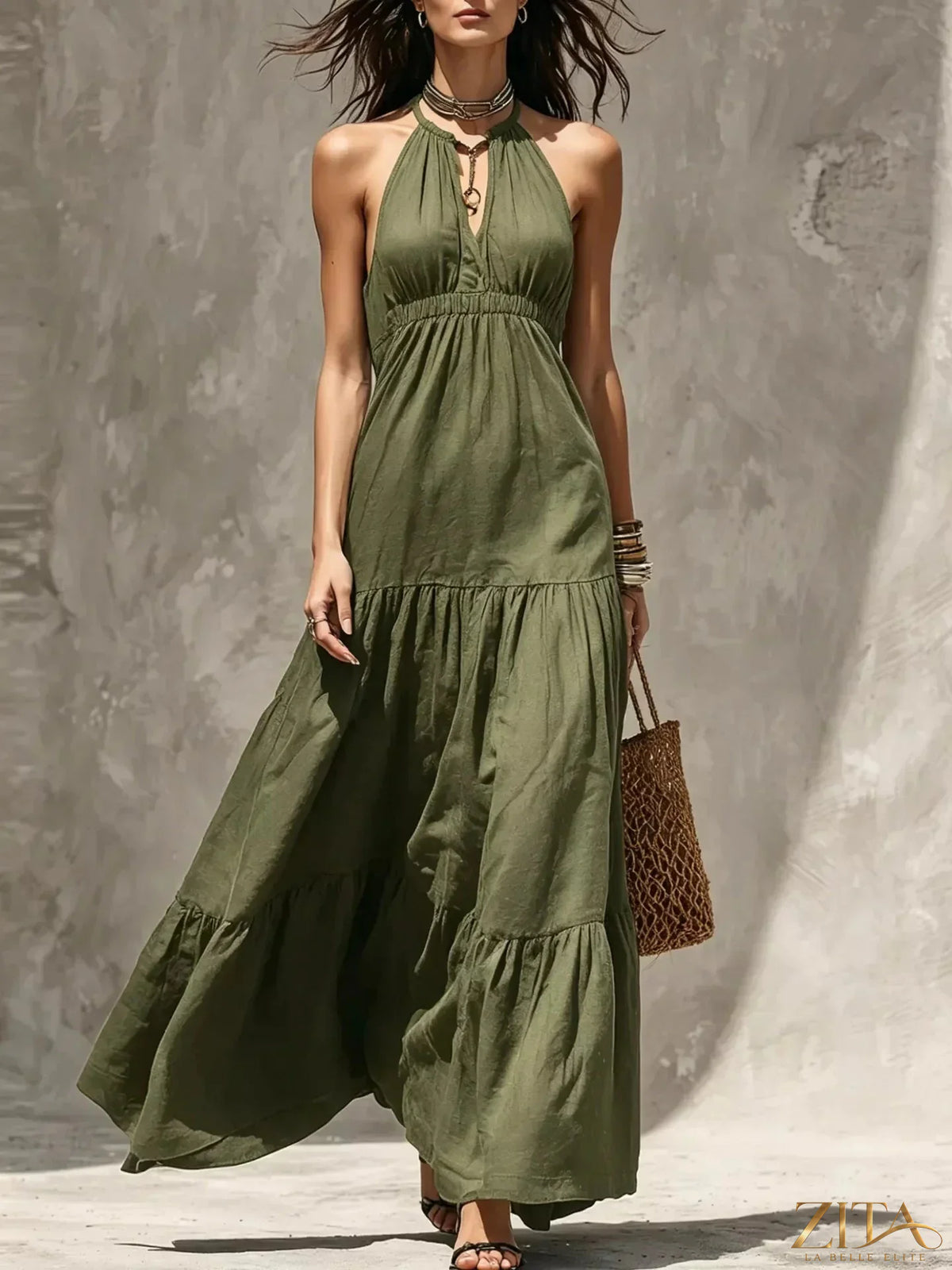 Zita La Belle Elite sleeveless tiered maxi dress with flowing fabric and layered design, perfect for summer or formal occasions.