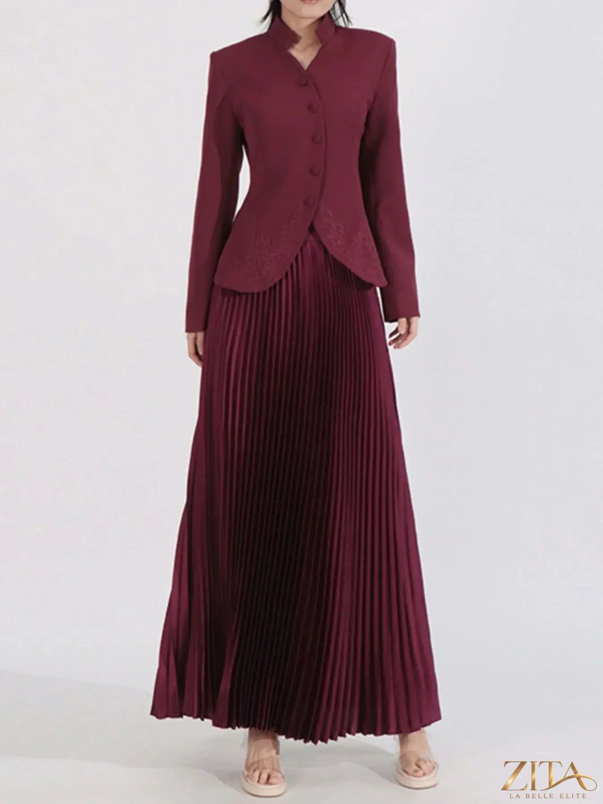 Trendsi button-up long sleeve top paired with a stylish pleated skirt in a coordinated set, shown on a model.