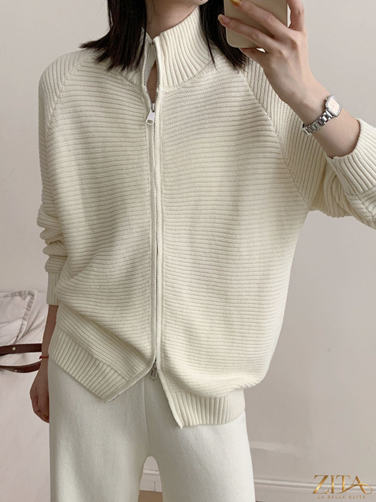 Zita La Belle Elite casual knit zip-up cardigan and wide-leg pants set, featuring a cozy, stylish knit fabric and relaxed fit.