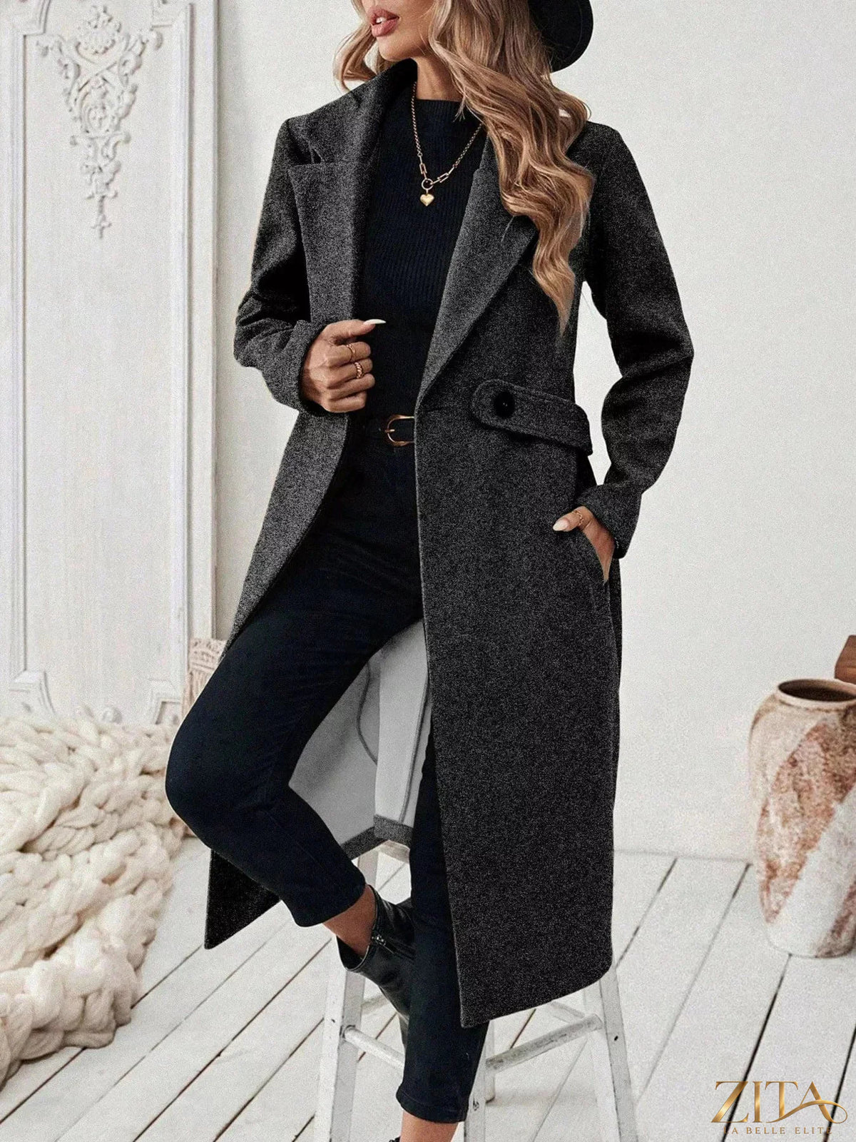 Zita La Belle Elite one button lapel collar overcoat displayed on a model, featuring a tailored fit and classic design.