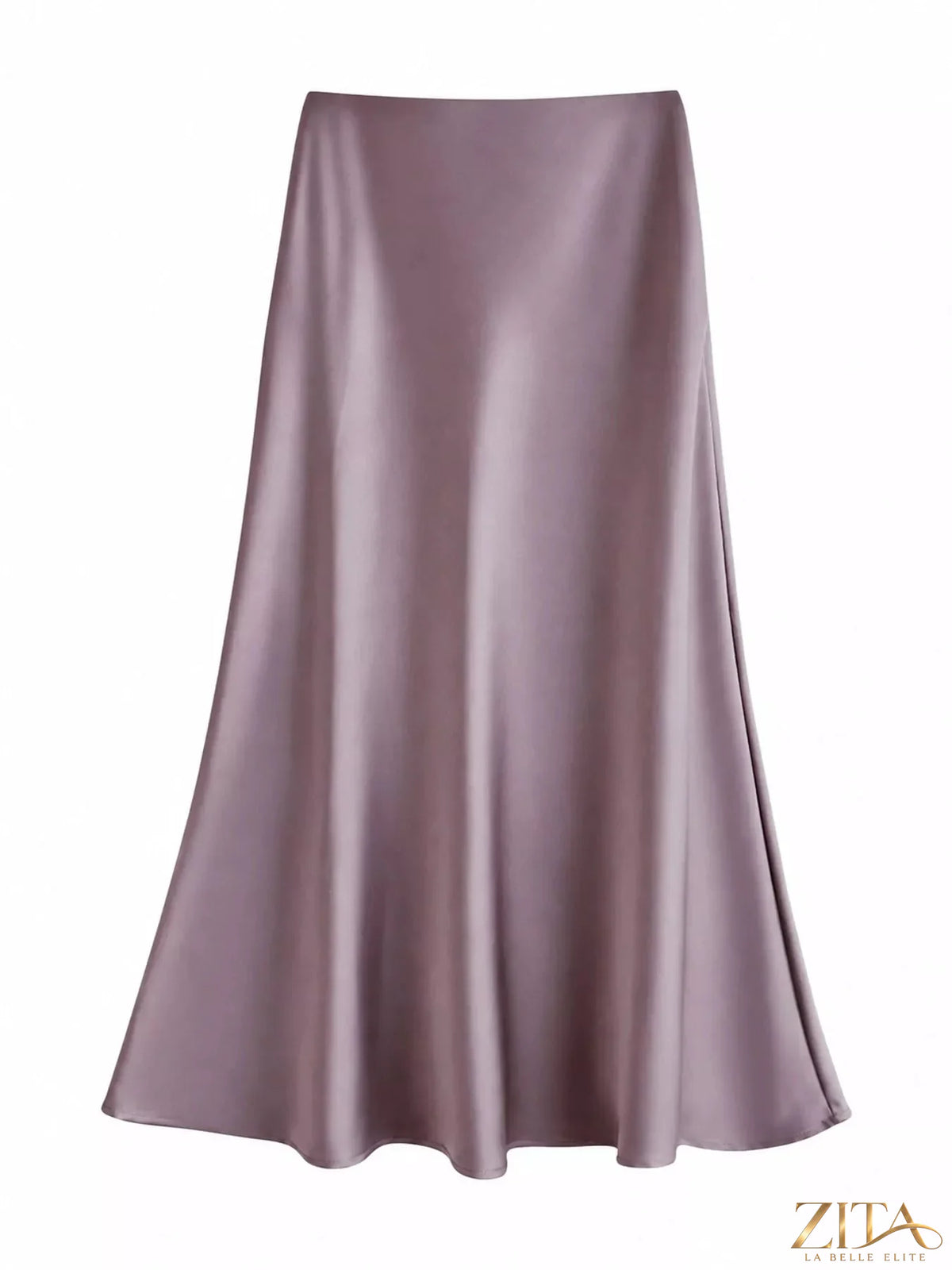 Plus size high-waisted satin midi skirt by Trendsi, showcasing smooth, shiny fabric and elegant fit on a mannequin.