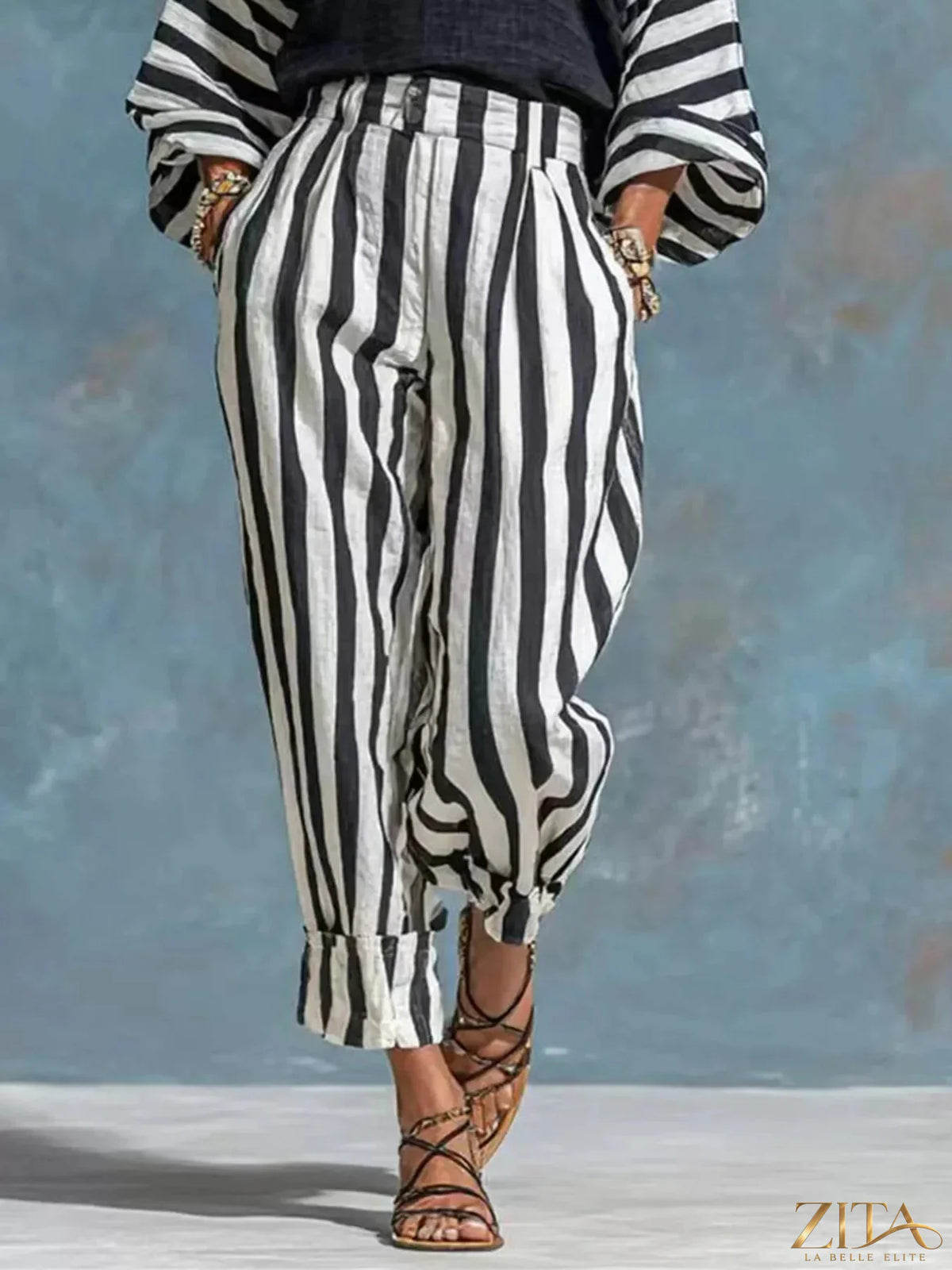 Striped long sleeve top and pants set by Zita La Belle Elite, featuring matching design and comfortable fabric.