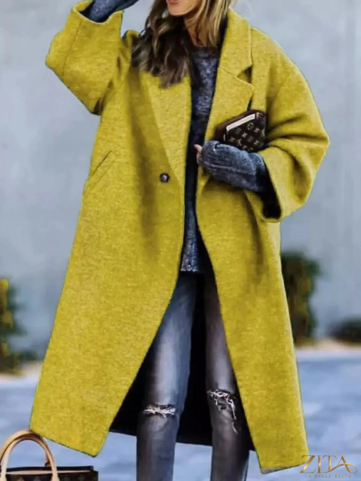 Plus size Zita La Belle Elite full size lapel collar coat with one button closure, shown on a model.