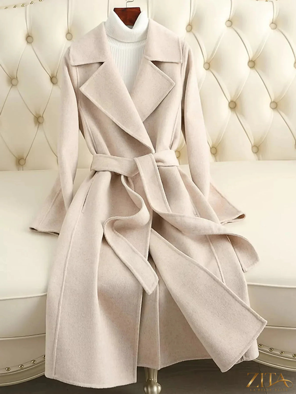 Zita La Belle Elite longline wool coat with waist-defining belt, stylish winter outerwear in neutral fabric