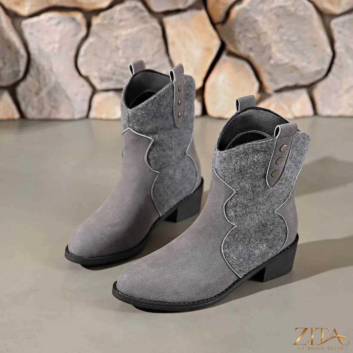 Zita La Belle Elite point toe block heel ankle boots with sleek design and sturdy heel in black leather.