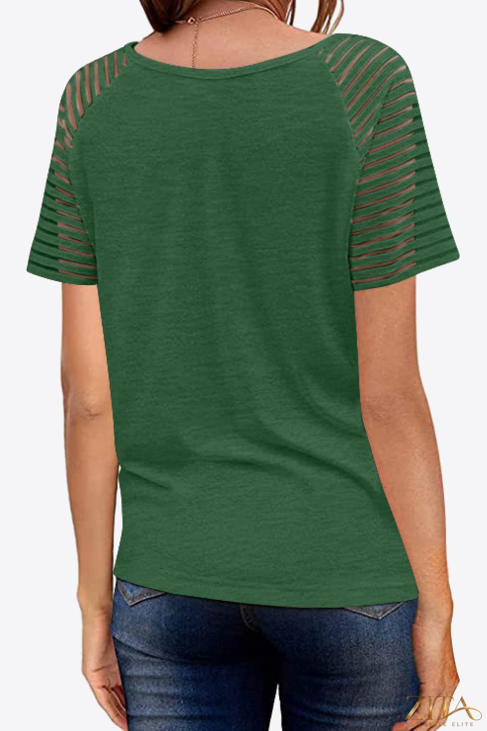 V-neck raglan sleeve tee by Trendsi featuring a comfortable fit and contrasting sleeve color on a casual model.