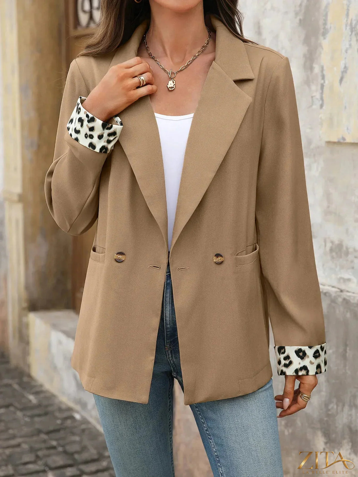 Zita La Belle Elite leopard cuff long sleeve blazer with lapel collar, stylish and tailored for a sophisticated look.