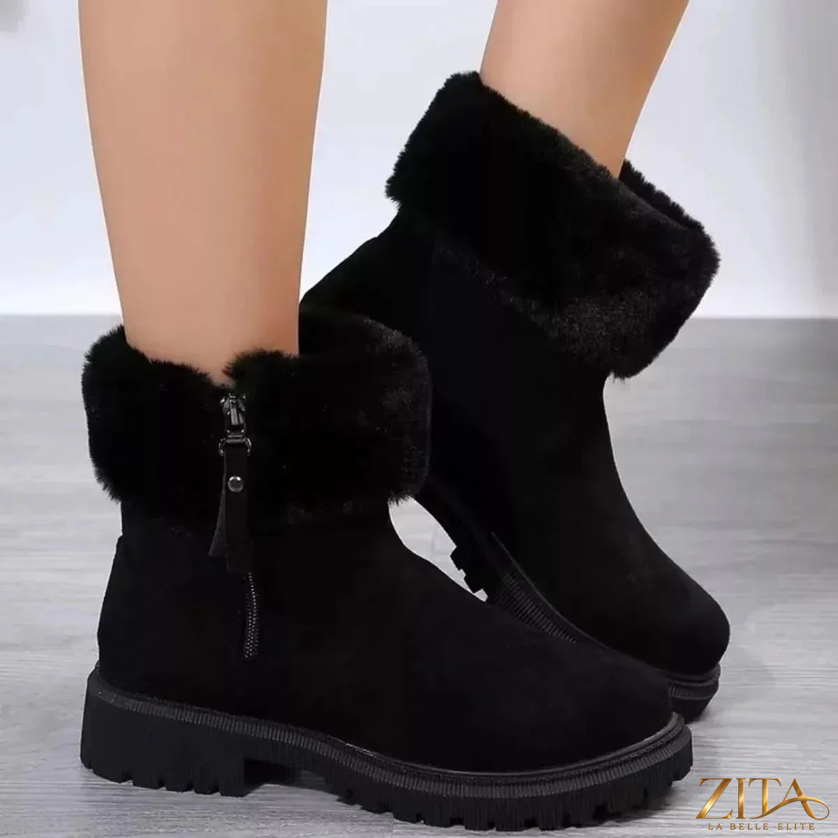 Zita La Belle Elite faux fur lined side-zip chunky platform ankle boots with thick soles and stylish design.