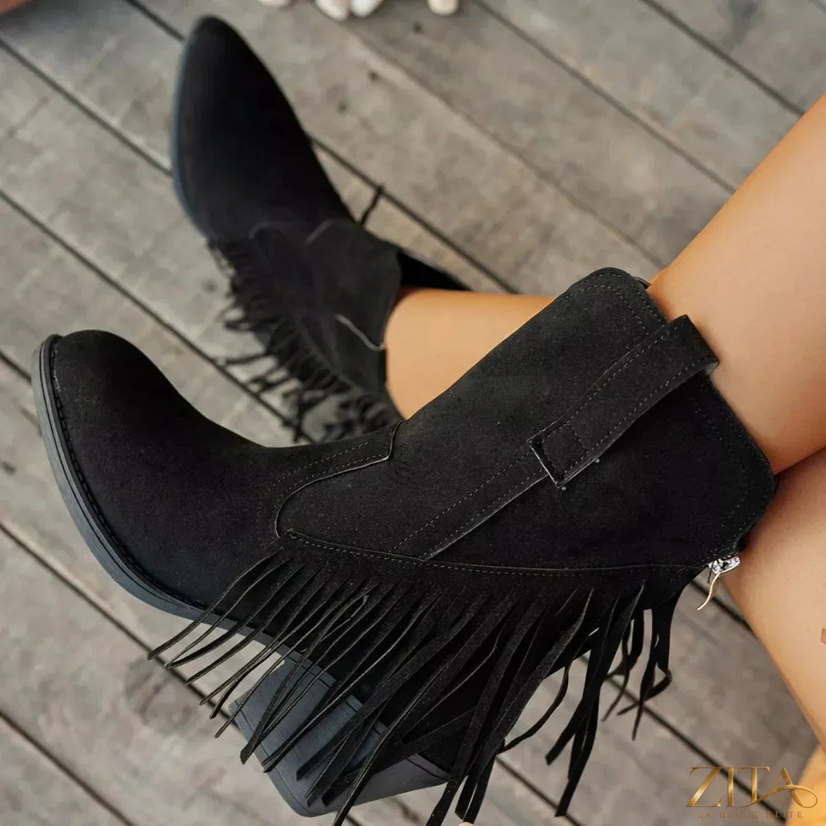 Zita La Belle Elite fringe block heel ankle boots with stylish fringe details and chunky heels, ideal for fashionable outfits.
