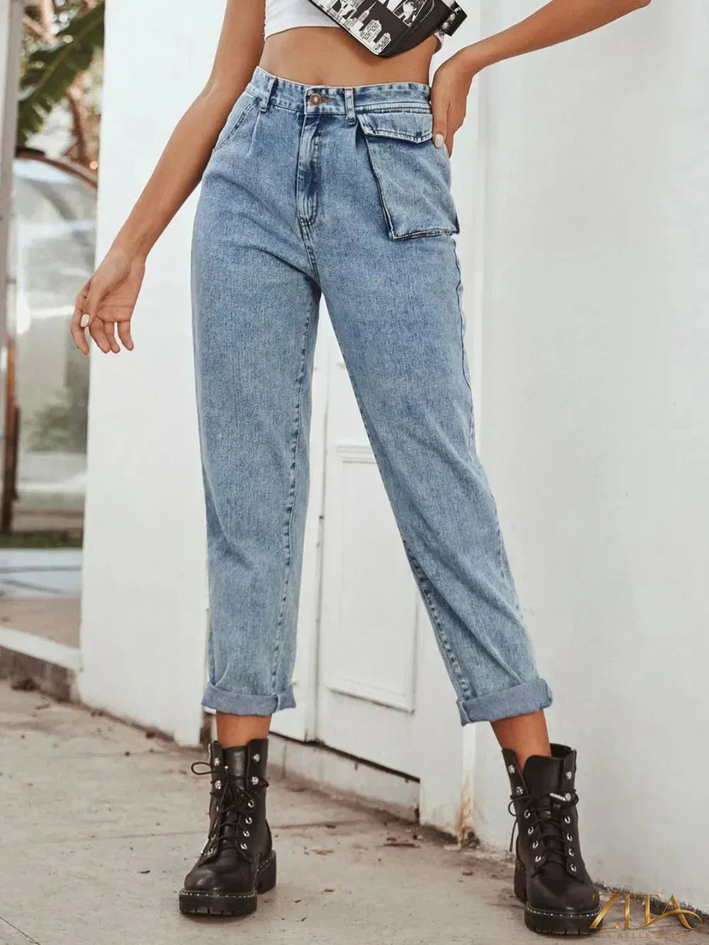 Zita La Belle Elite high waist straight leg jeans displayed on a model, showcasing classic denim fit and stylish design.