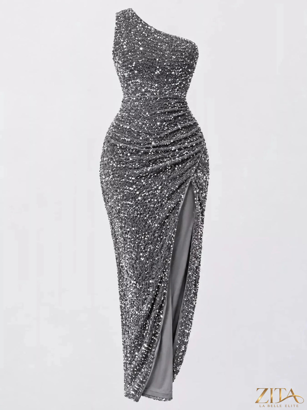 Zita La Belle Elite one-shoulder ruched sequin high-slit evening dress showcasing elegant design and shimmering sequins