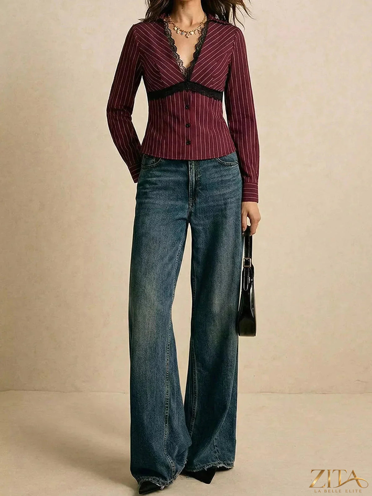 Zita La Belle Elite lace trim V-neck blouse with long sleeves and delicate lace accents, stylish and elegant for casual or dressy wear.