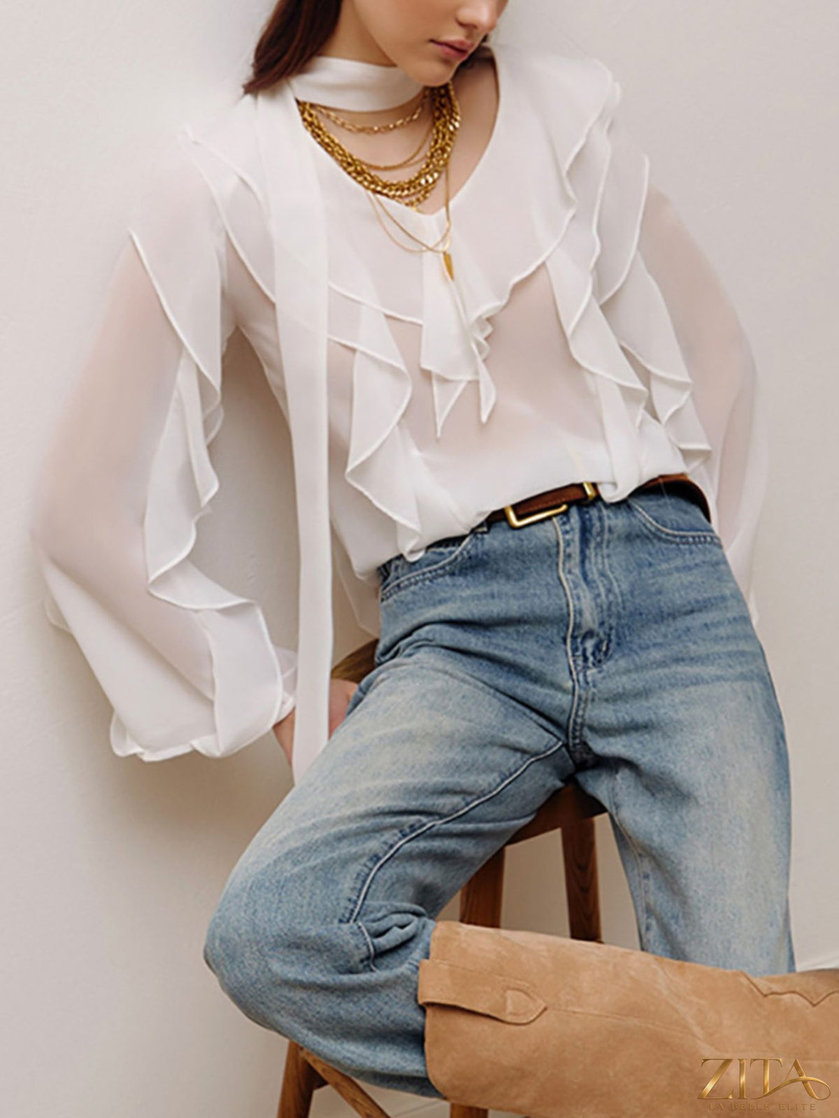 Zita La Belle Elite ruffle trim chiffon blouse featuring delicate ruffles and lightweight fabric, shown on a neutral background.
