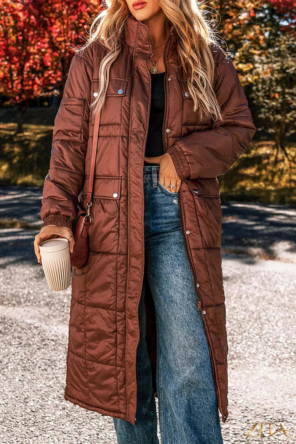 Zita La Belle Elite pocketed longline winter coat with bubble texture and long sleeves, designed for warmth and style.