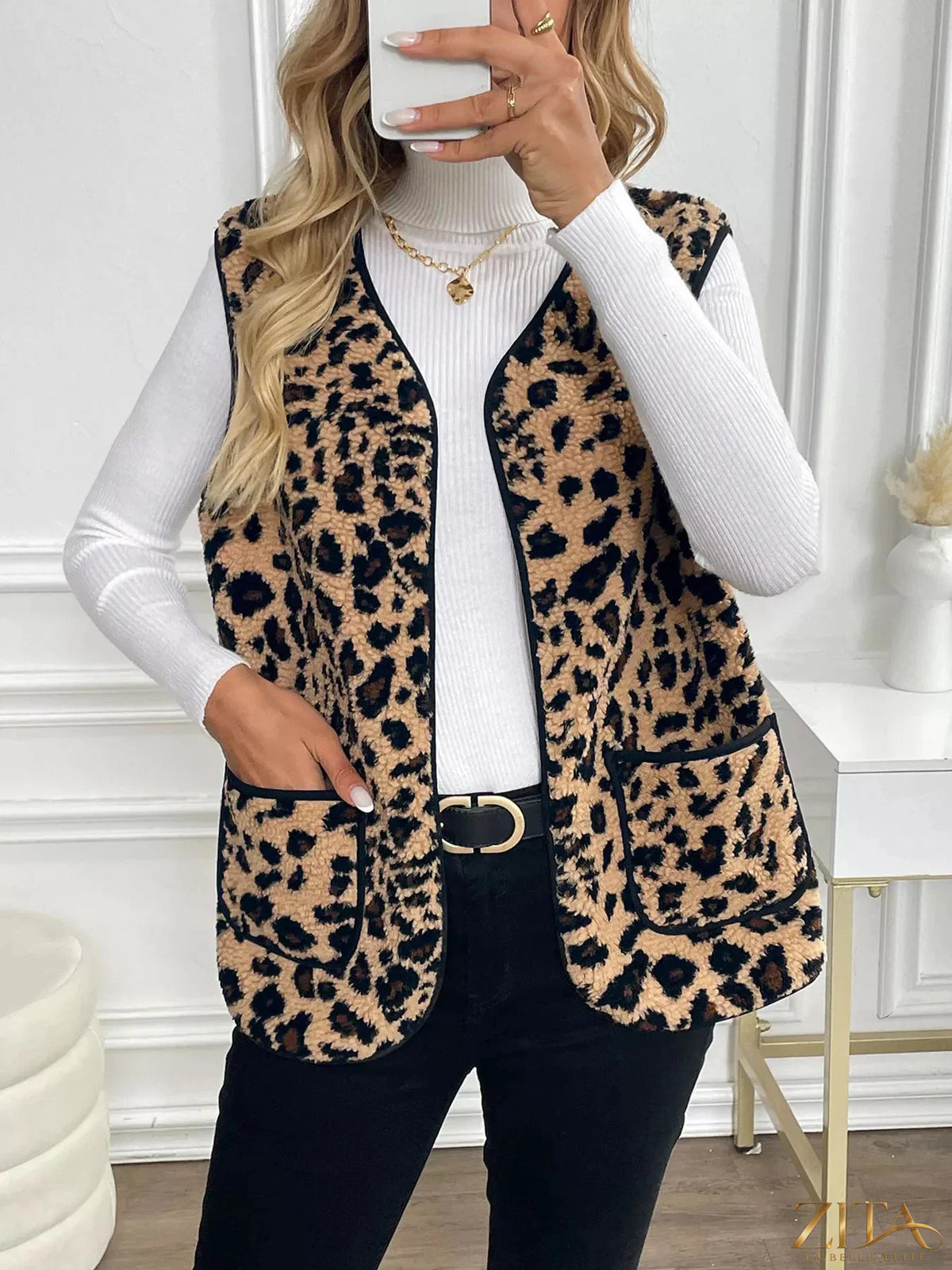 Zita La Belle Elite leopard fleece vest coat with front pockets, cozy and stylish outerwear for cold weather.