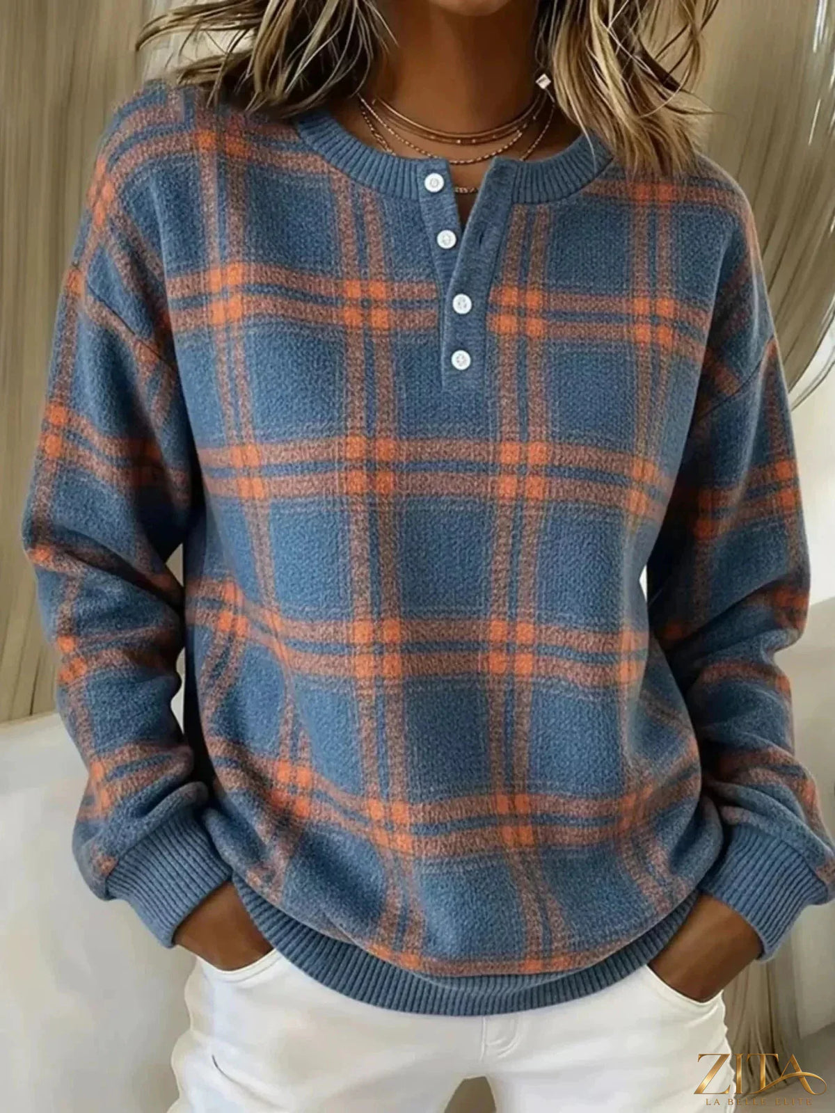 Plus size Zita La Belle Elite plaid long sleeve sweatshirt with button details, featuring a full-size fit and cozy design.