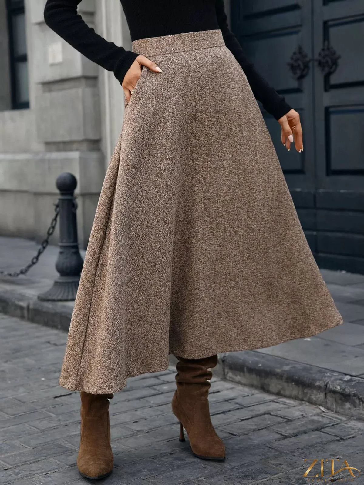 Trendsi A-line midi skirt in lightweight fabric, shown in a versatile design perfect for casual or dressy outfits.