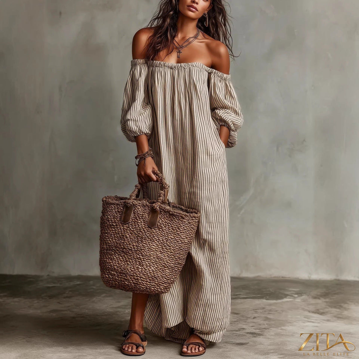 Women's off-shoulder long-sleeve maxi dress by Zita La Belle Elite, casualwear style, flowing fabric and elegant fit.