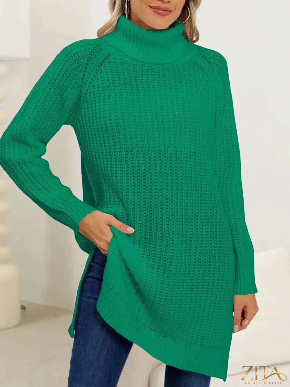 Trendsi slit turtleneck long sleeve sweater in soft knit fabric, featuring a stylish slit detail at the side.