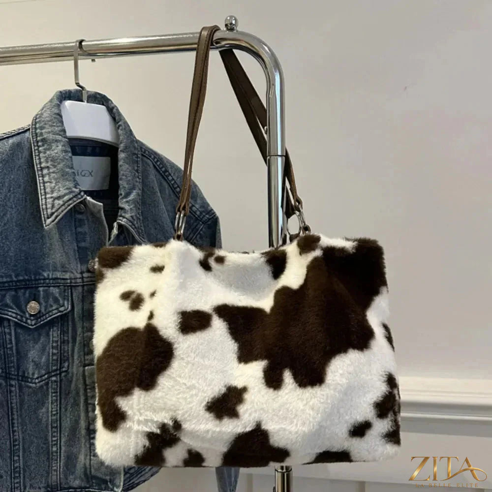 Zita La Belle Elite cow print furry tote bag with soft texture and spacious design, perfect for casual and stylish accessories.