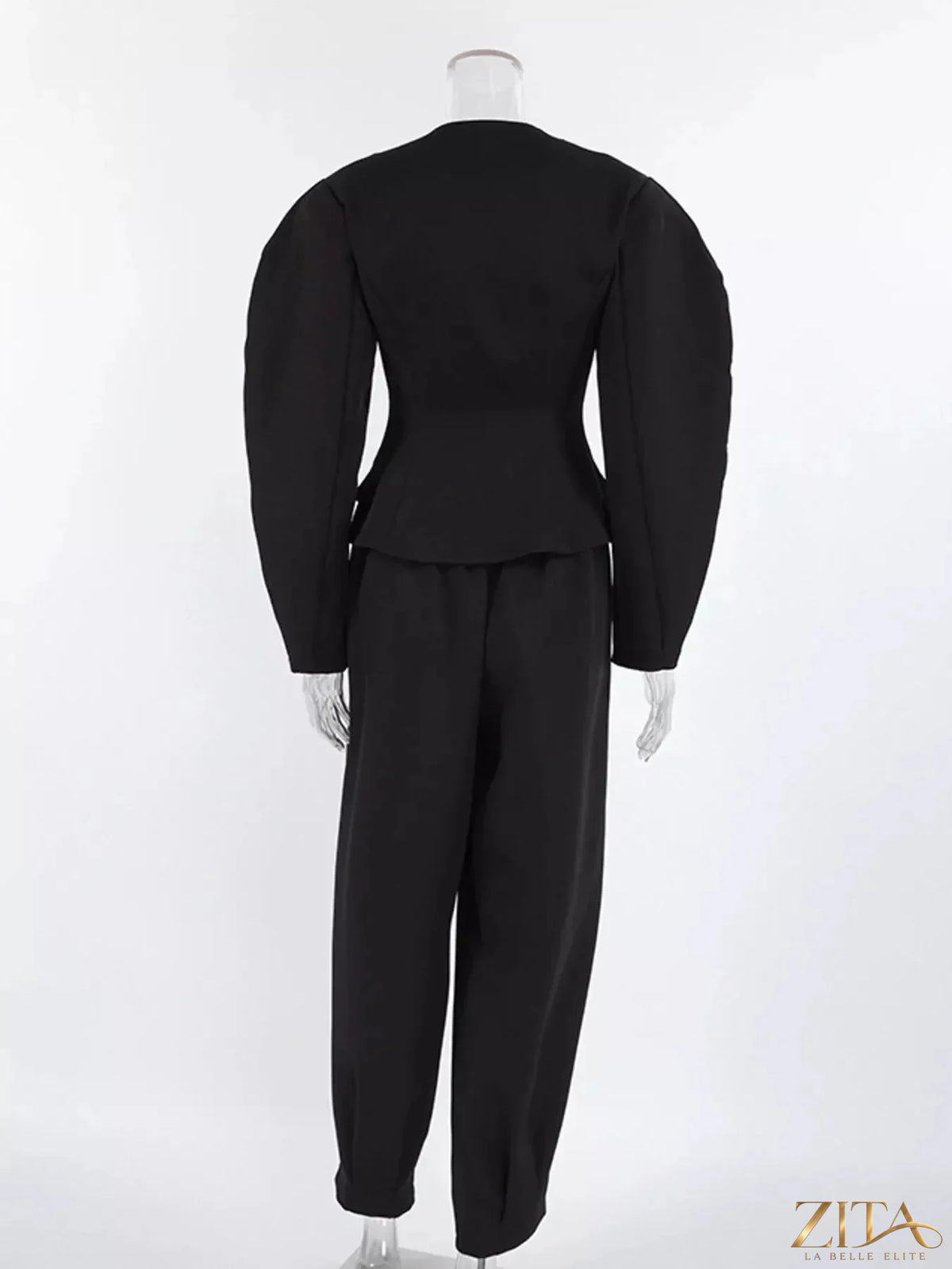 Zita La Belle Elite puffy sleeve blazer and wide-leg pants set, stylish formal outfit, tailored fit, in elegant fabric.
