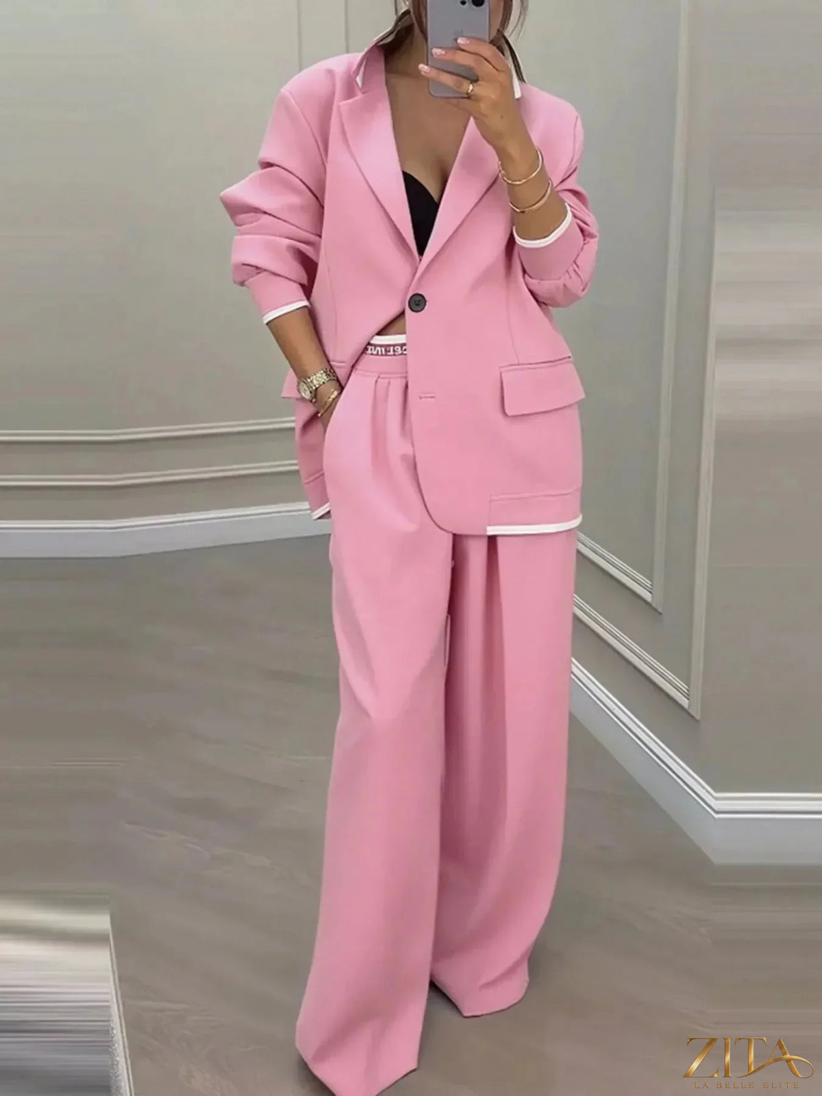 Plus size Zita La Belle Elite blazer and wide-leg pants set, featuring a full-size one-button blazer and matching pants.