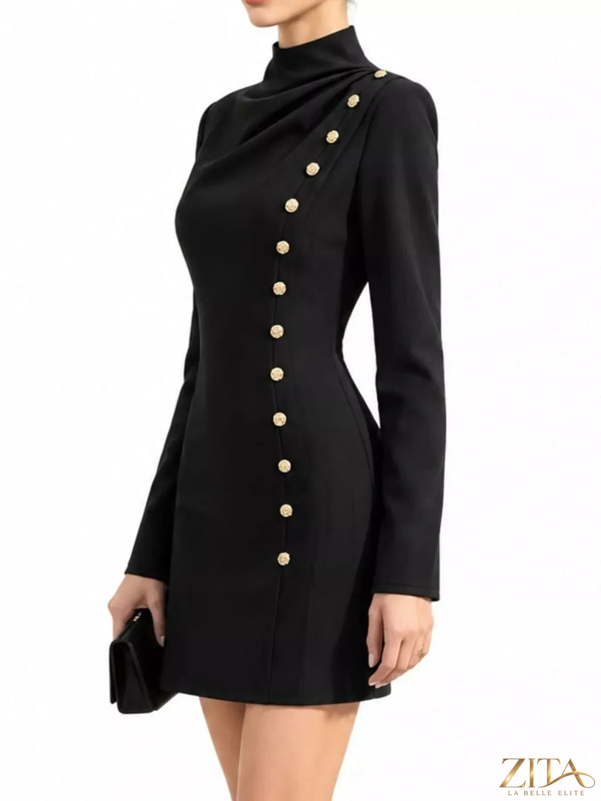 Plus size Zita La Belle Elite decorative button mock neck mini dress with a full-size fit, shown from the front in the image.