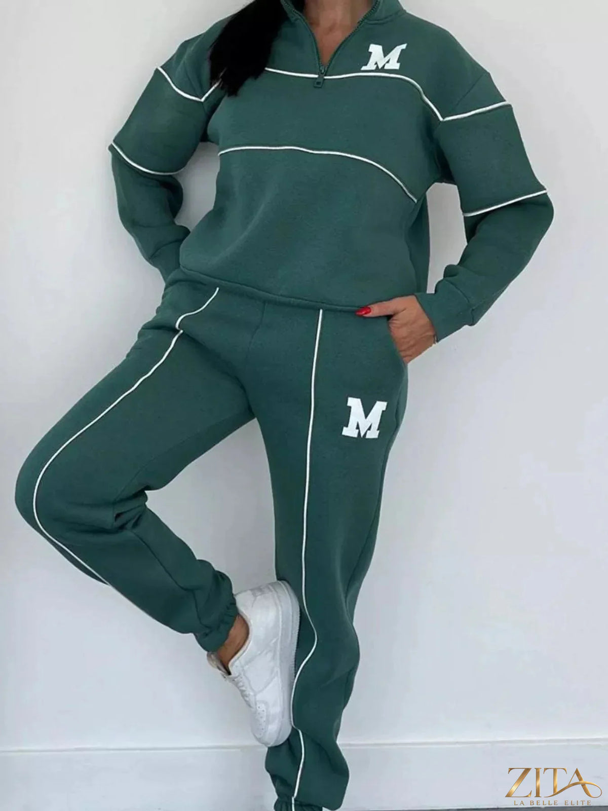 Plus size Zita La Belle Elite striped quarter zip top and matching pants set, full size, comfortable loungewear in vibrant stripes.