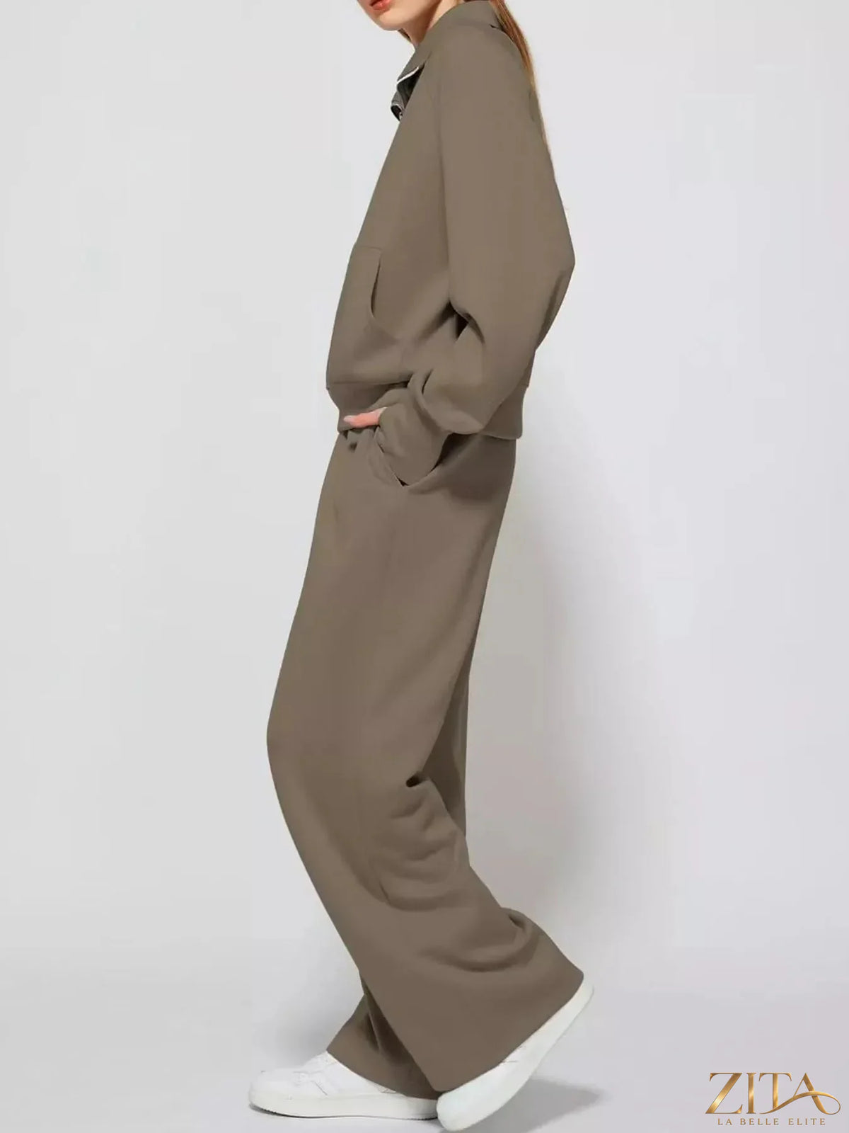 Zita La Belle Elite half-zip sweatshirt and wide-leg pants set, casual loungewear with relaxed fit and modern style.
