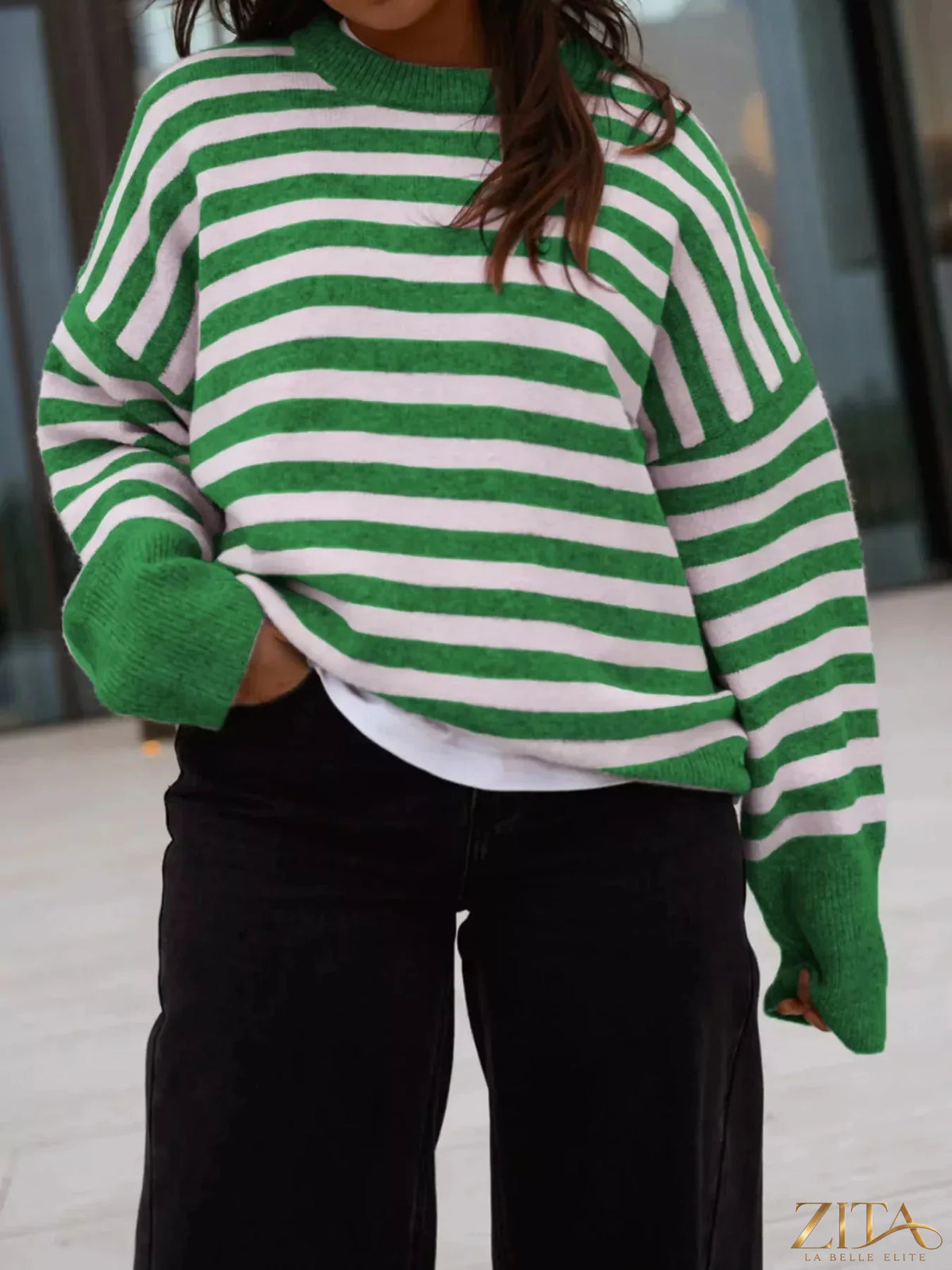 Trendsi striped crew neck sweater featuring horizontal navy and white stripes, long sleeves, and a cozy fit.