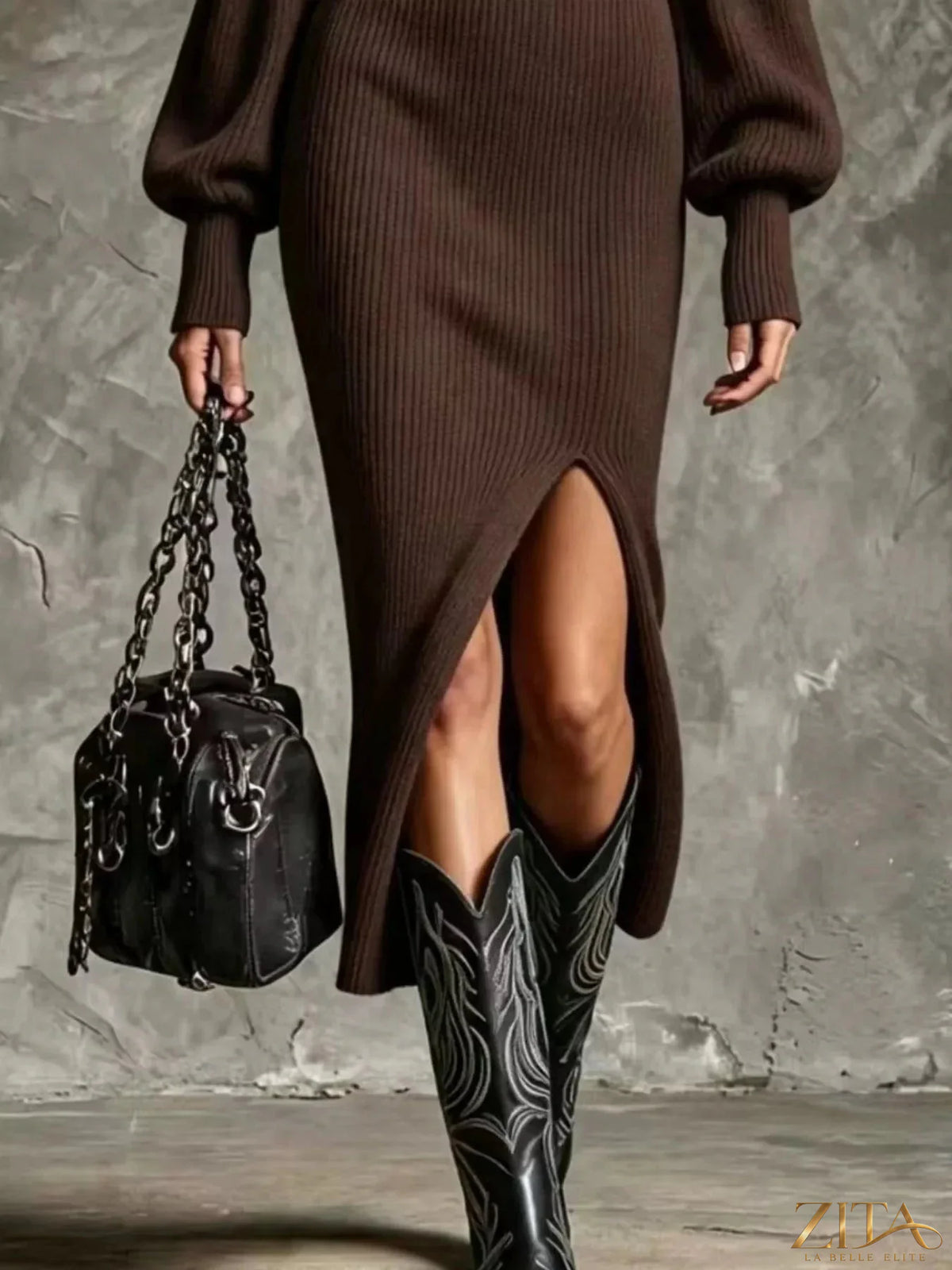Zita La Belle Elite ribbed knit quarter-zip lantern sleeve sweater dress displayed on a model in a neutral setting