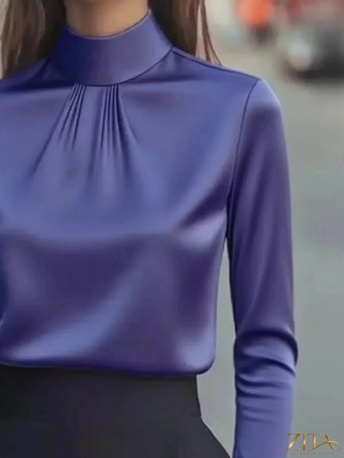 Zita La Belle Elite mock neck long sleeve blouse with pleated detail, featuring a fitted silhouette and elegant design.
