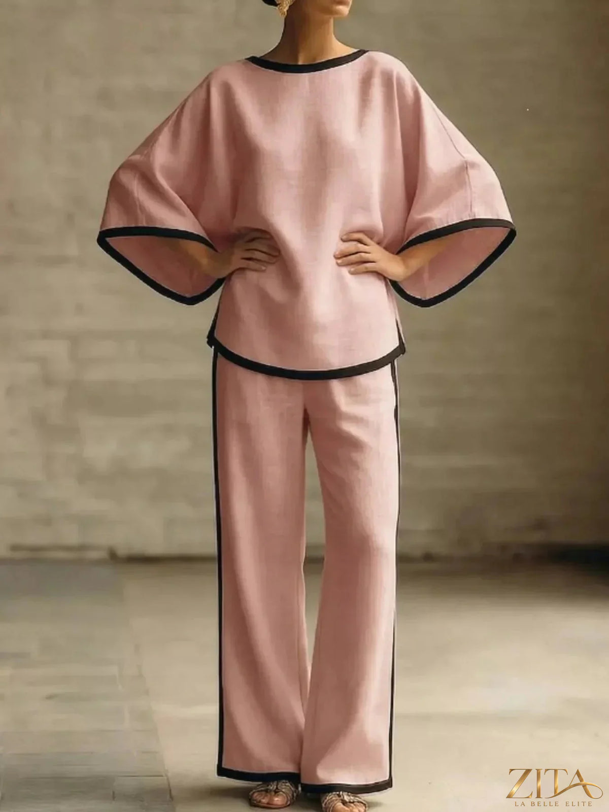 Plus size Zita La Belle Elite contrast trim top and wide-leg pants set, featuring a stylish, comfortable matching outfit.