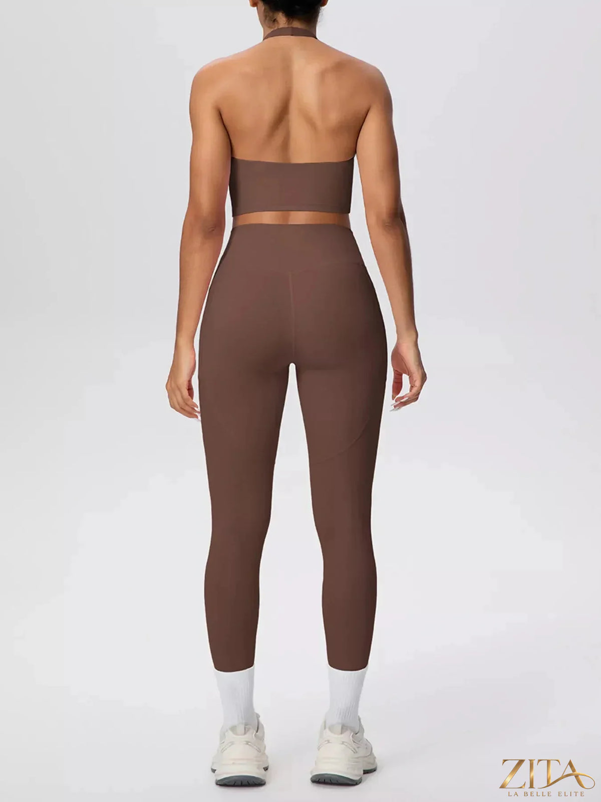 Zita La Belle Elite halter neck crop top and high-waisted leggings active set, black, stretchy fabric, suitable for workout or casual wear.