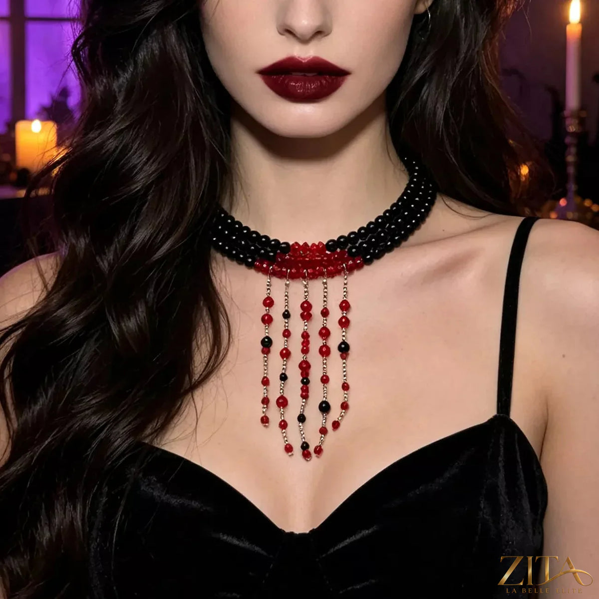 Gothic multi-layered beaded necklace with black and silver beads, layered design, from Trendsi.