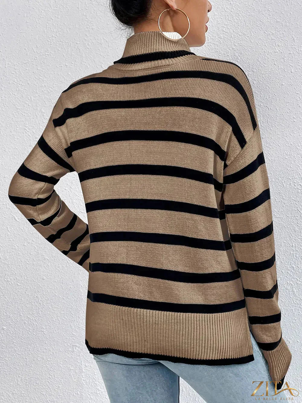 Striped turtleneck long sleeve sweater by Trendsi featuring a cozy fit, black and white horizontal stripes, and ribbed cuffs.