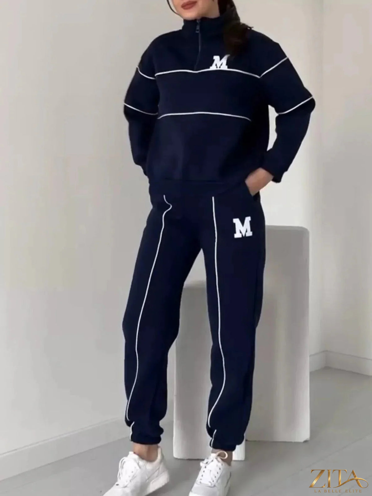 Plus size Zita La Belle Elite striped quarter zip top and pants set, full size loungewear with bold stripe pattern on fabric