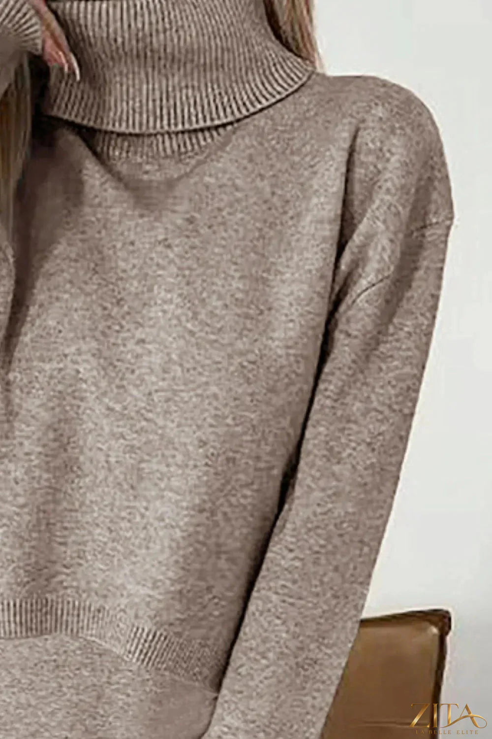 Zita La Belle Elite two-piece turtleneck sweater and dress set with dropped shoulder design, in cozy knit fabric.