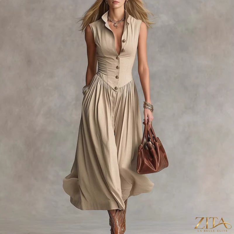 Women's sleeveless lapel collar maxi dress by Zita La Belle Elite, featuring a slim fit patchwork design for casualwear.